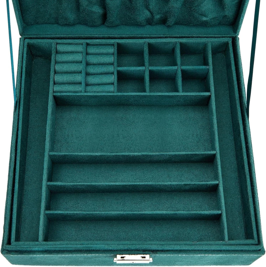 Green Velvet Jewelry Box Organizer - Lockable 2 Tier Travel Case, Removable Tray | eBay