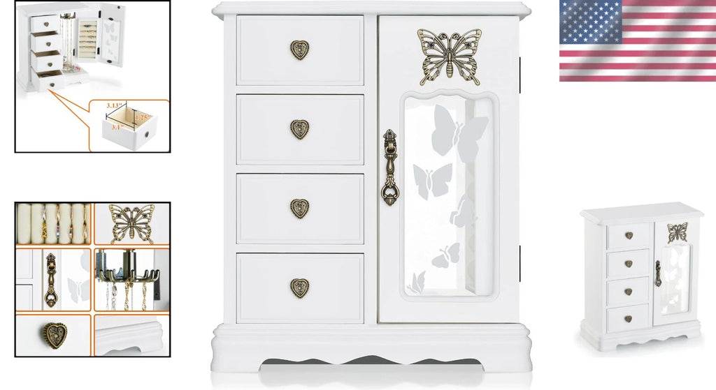 Luxury White Jewelry Organizer with Velvet Lining and Built-in Mirror for Women | eBay
