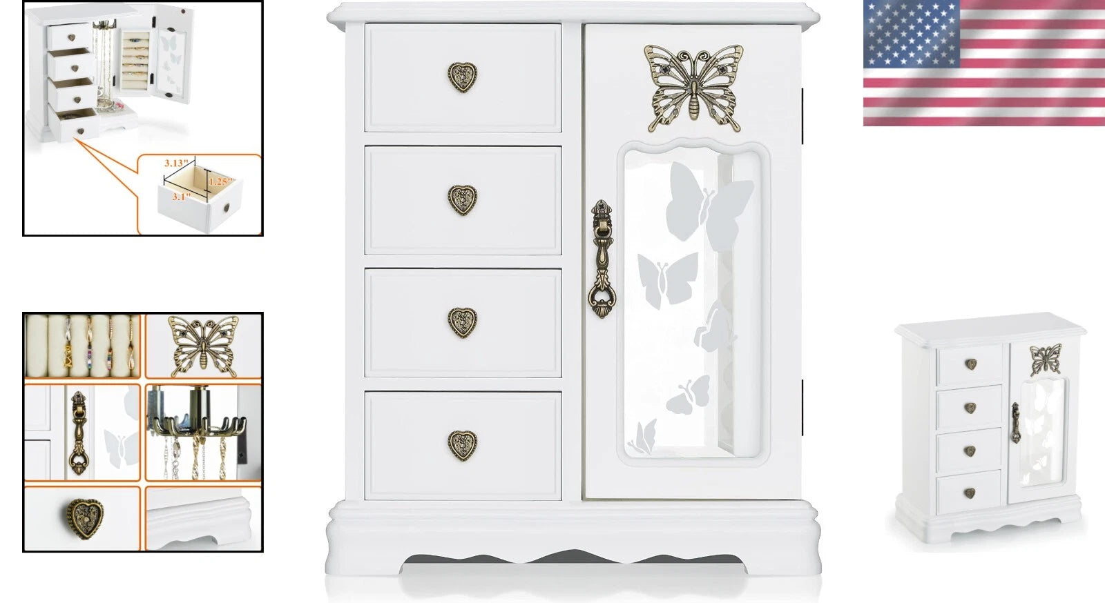 Luxury White Jewelry Organizer with Velvet Lining and Built-in Mirror for Women | eBay