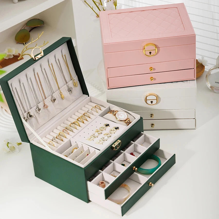 Three-Layer Jewelry Storage Box with Lock Necklace Bracelet Earrings Organizer | eBay