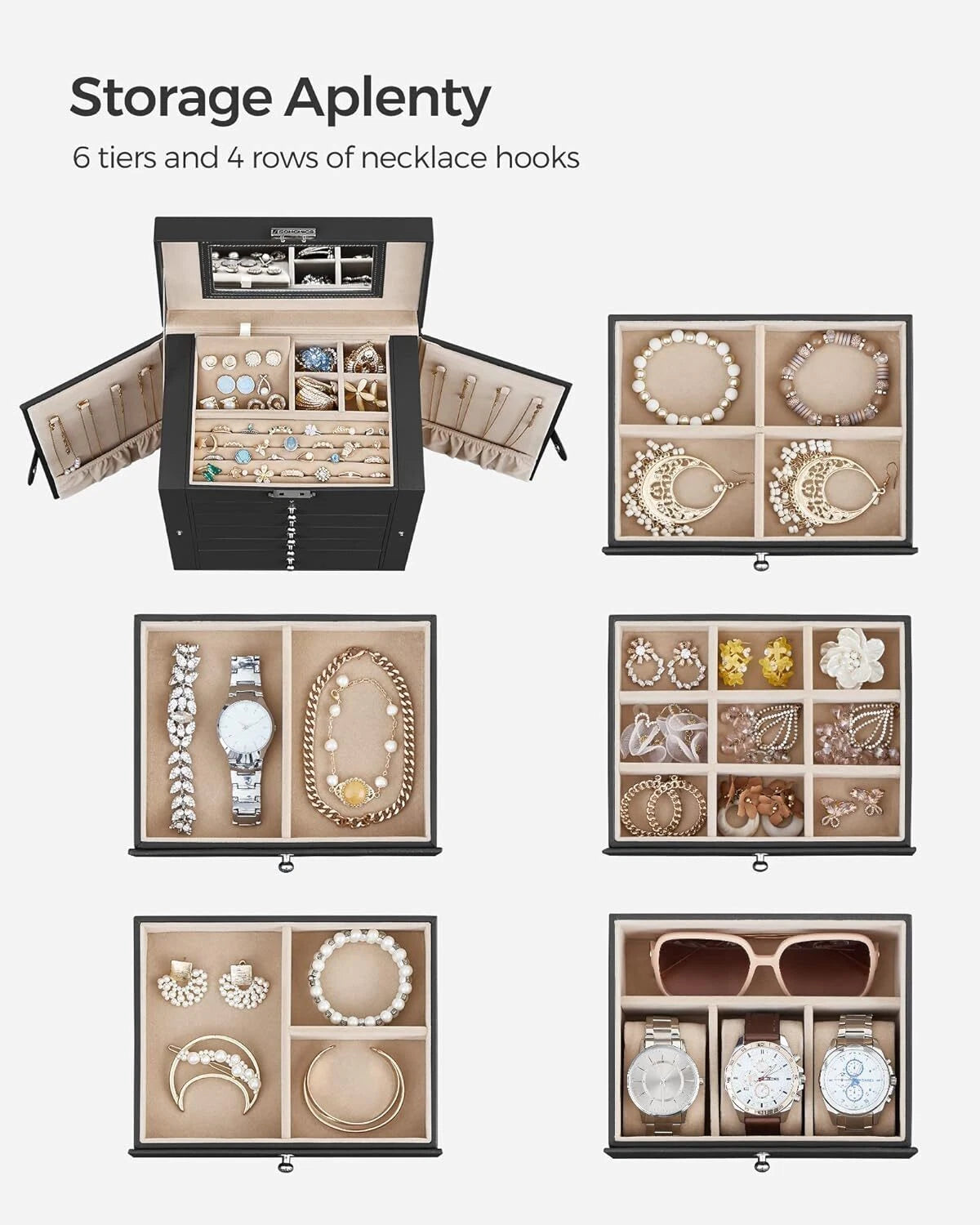 6 Tier Jewelry Box Case with 5 Drawers Mirror Lockable Jewelry Storage Organizer | eBay