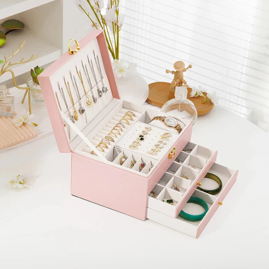 Three-Layer Jewelry Storage Box with Lock Necklace Bracelet Earrings Organizer | eBay