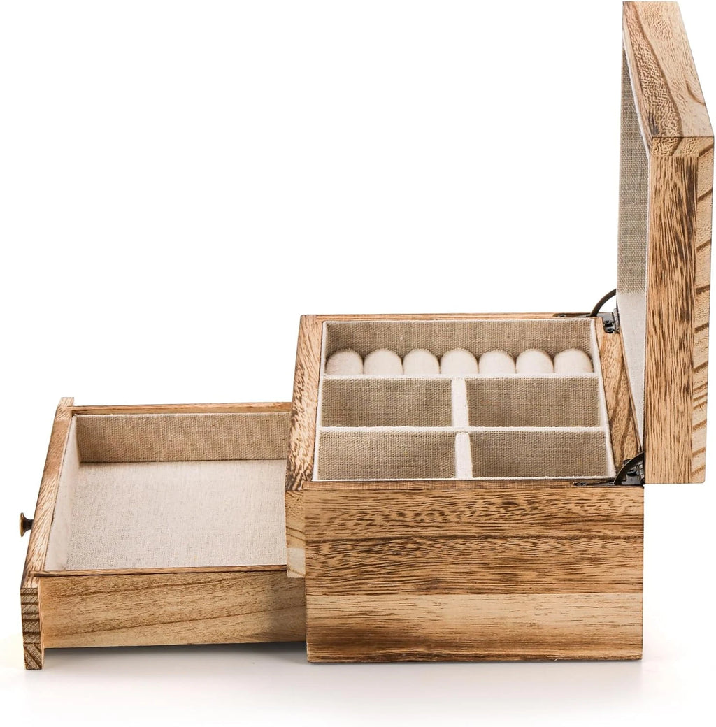 Rustic Wood Jewelry Box with Mirror, 2-Layer Organizer for Necklaces & Rings | eBay