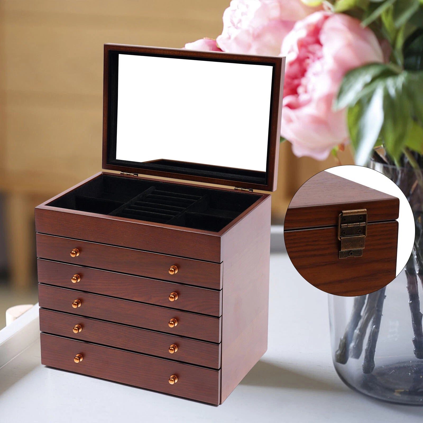 Wooden Jewelry Storage Box 6 Layer Watches Necklace Case Cabinet with Drawers | eBay