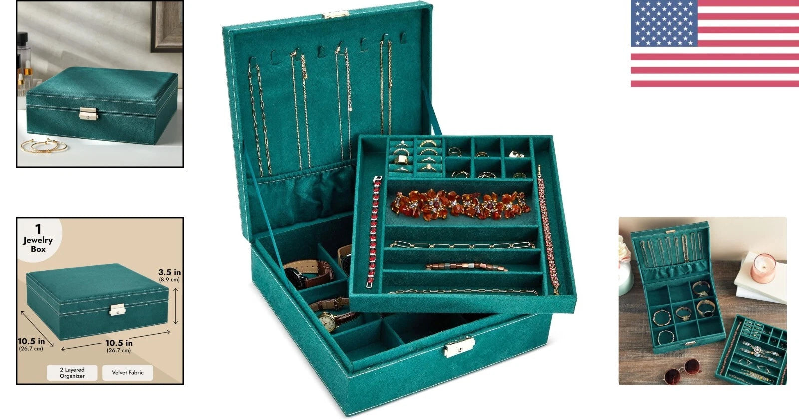 Green Velvet Jewelry Box Organizer - Lockable 2 Tier Travel Case, Removable Tray | eBay