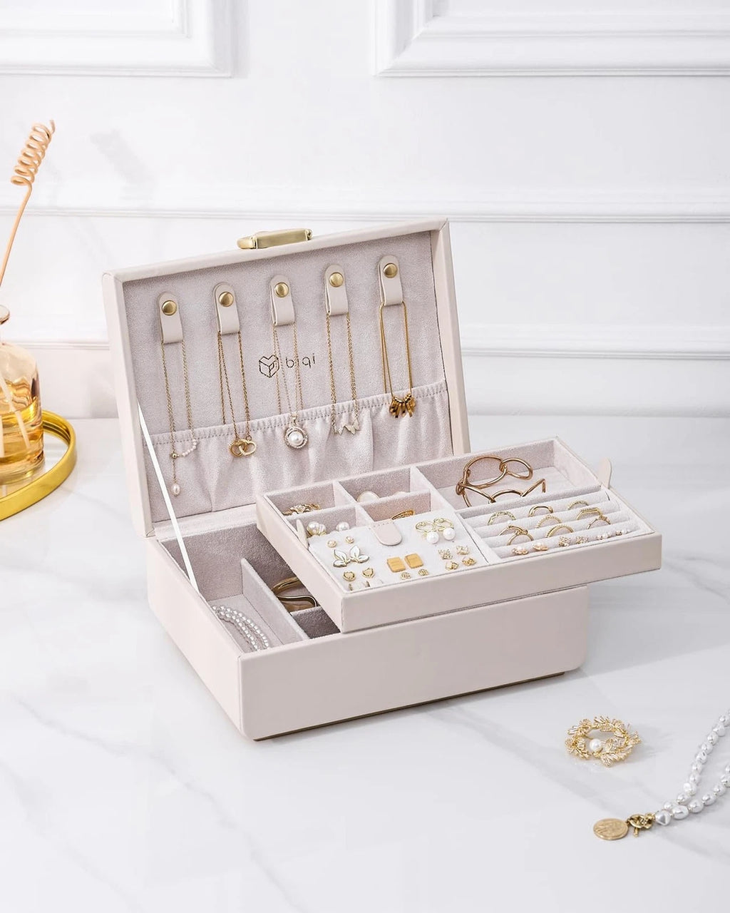 2-Layer Jewelry Box with Removable Tray, Jewelry Organizer with Gold Handle, ... | eBay