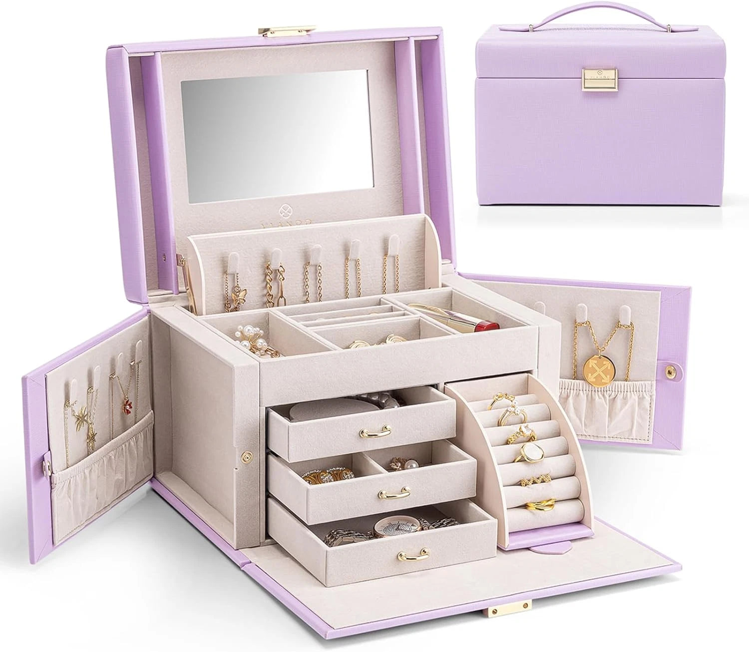 Mirrored Jewelry Box Organizer, Leather Jewelry Storage Case, Necklaces Earrings | eBay