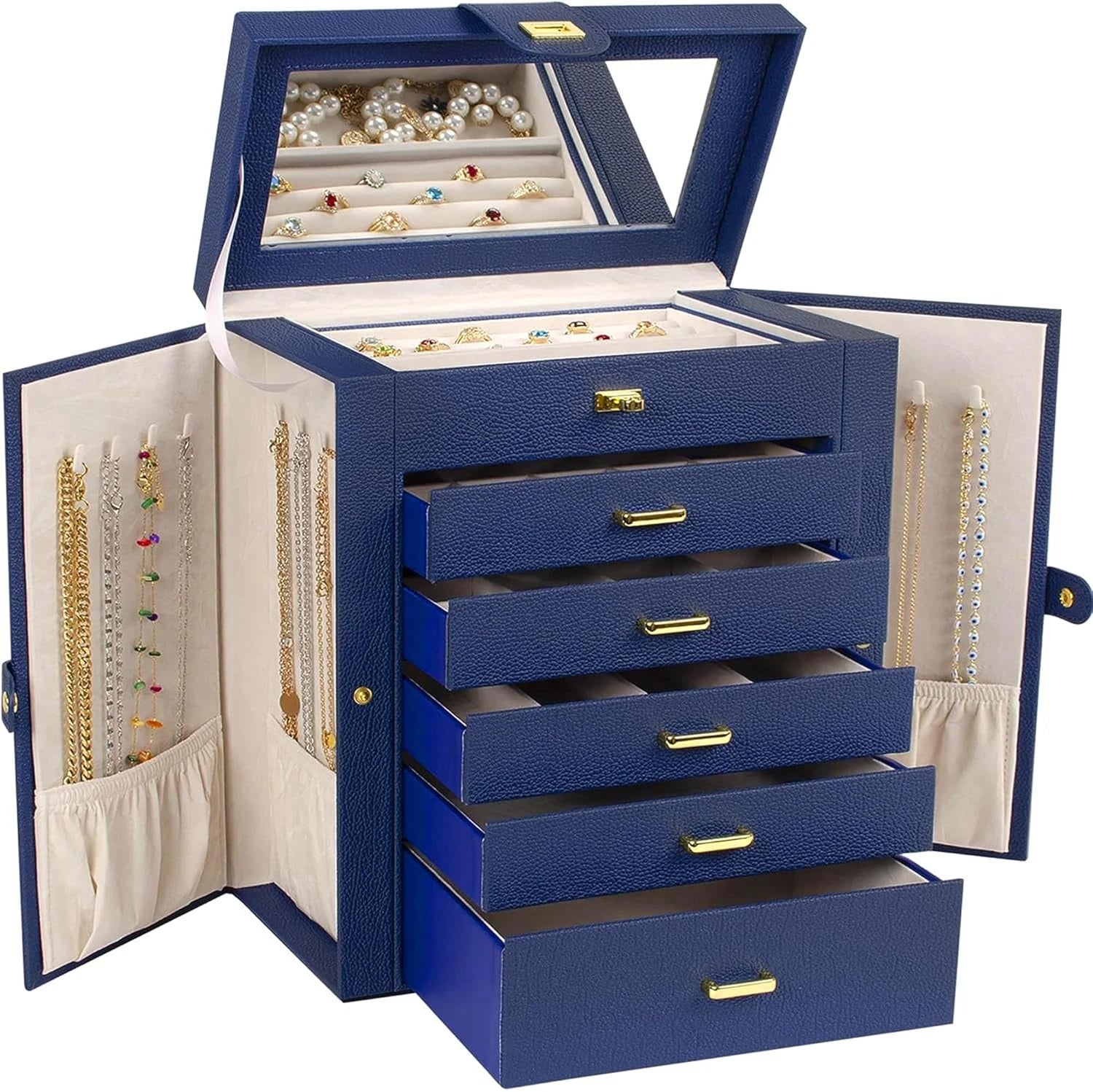Large Jewelry Box Organizer Functional with Big Mirror, Leather Jewelry Storage | eBay