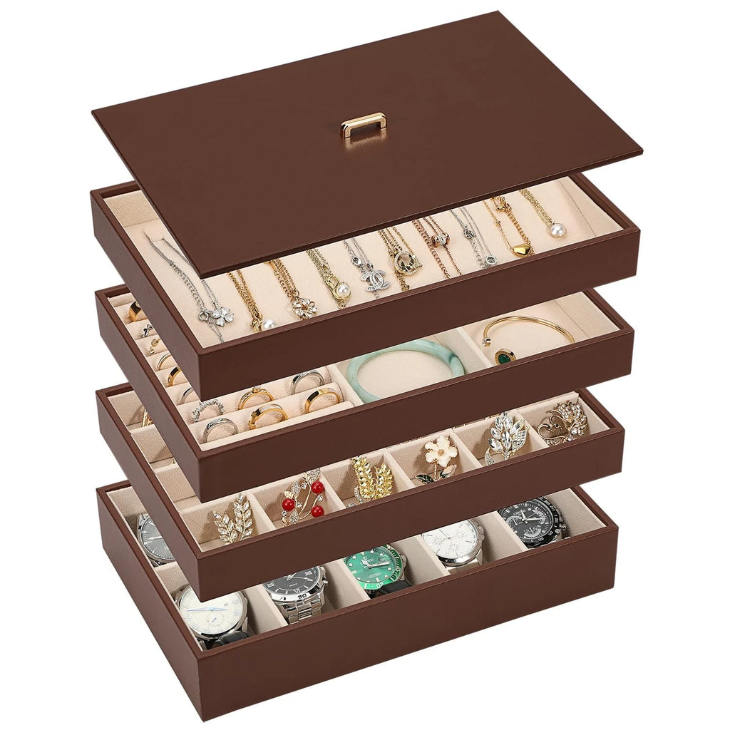 Stackable Jewelry Organizer Tray with Lid, PU Leather Jewelry Storage Holder ... | eBay