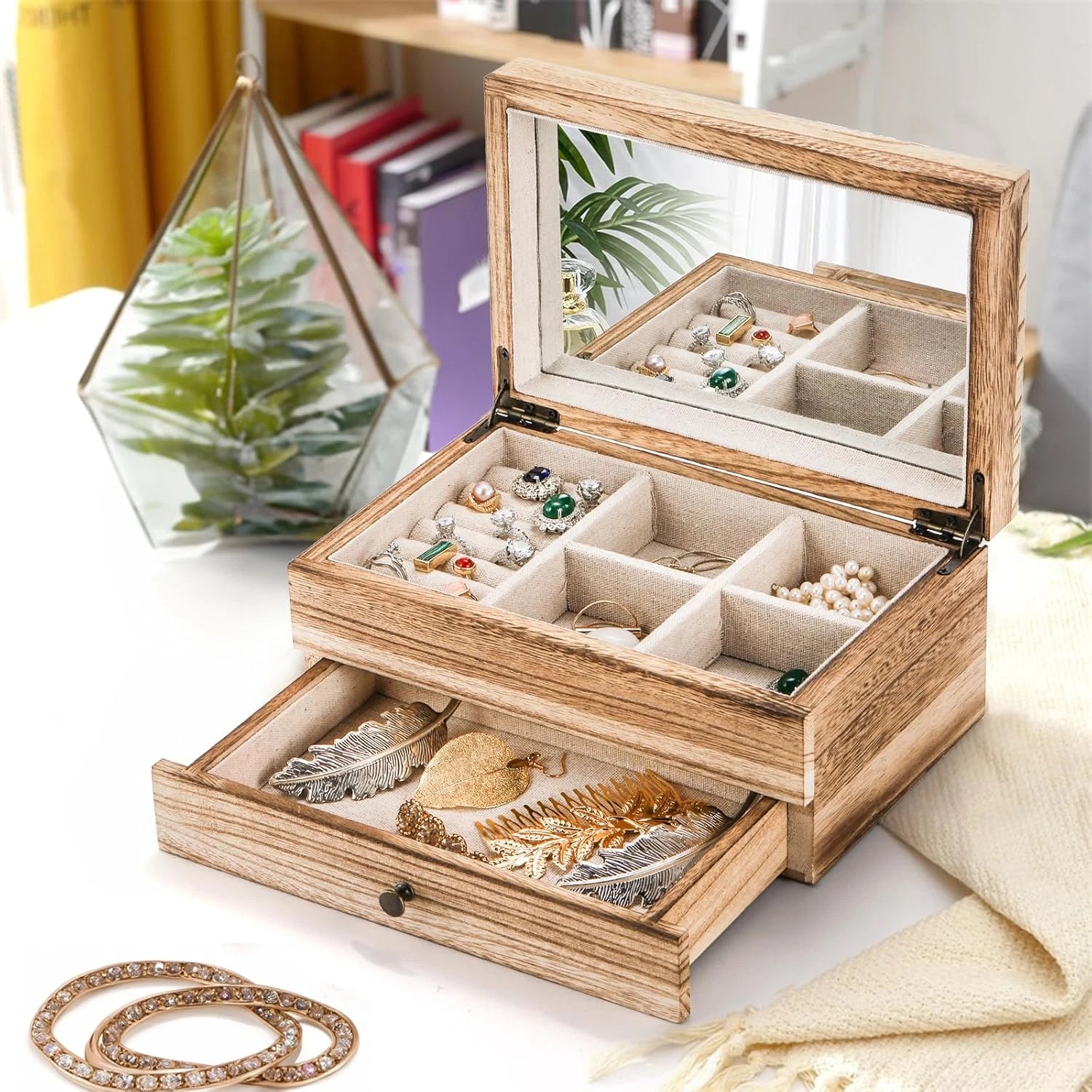 Rustic Wood Jewelry Box with Mirror, 2-Layer Organizer for Necklaces & Rings | eBay