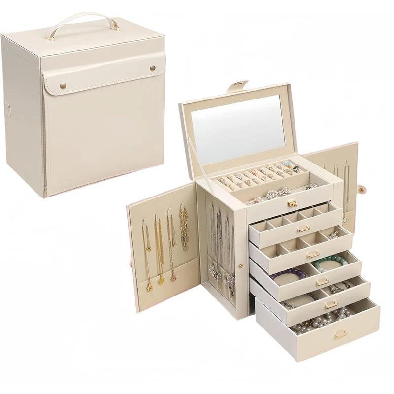 Large Jewelry Box Organizer W/ Mirror 6 Layers 5 Drawers Certificate Slot Women | eBay