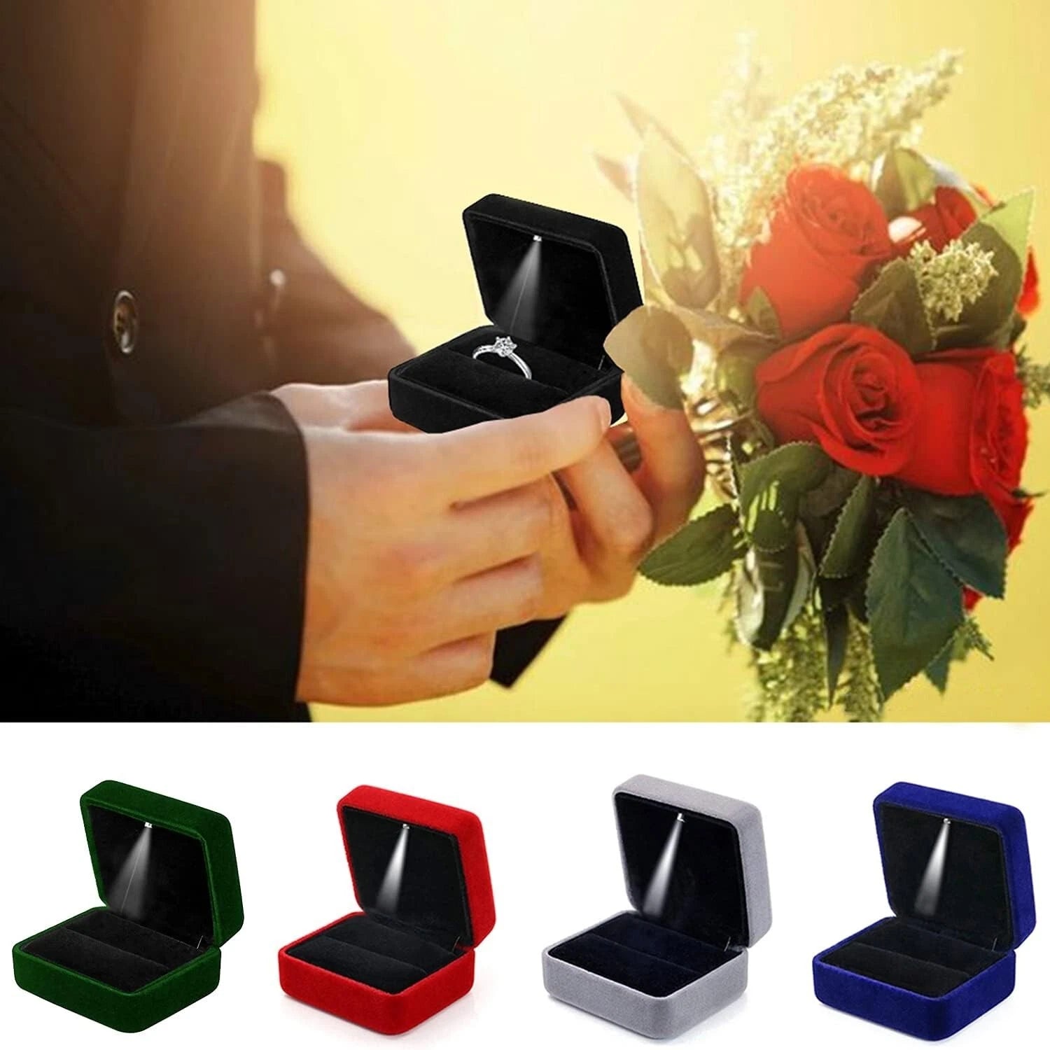 Velvet Ring Box with LED Light Jewelry Display Storage for Wedding Proposal | eBay