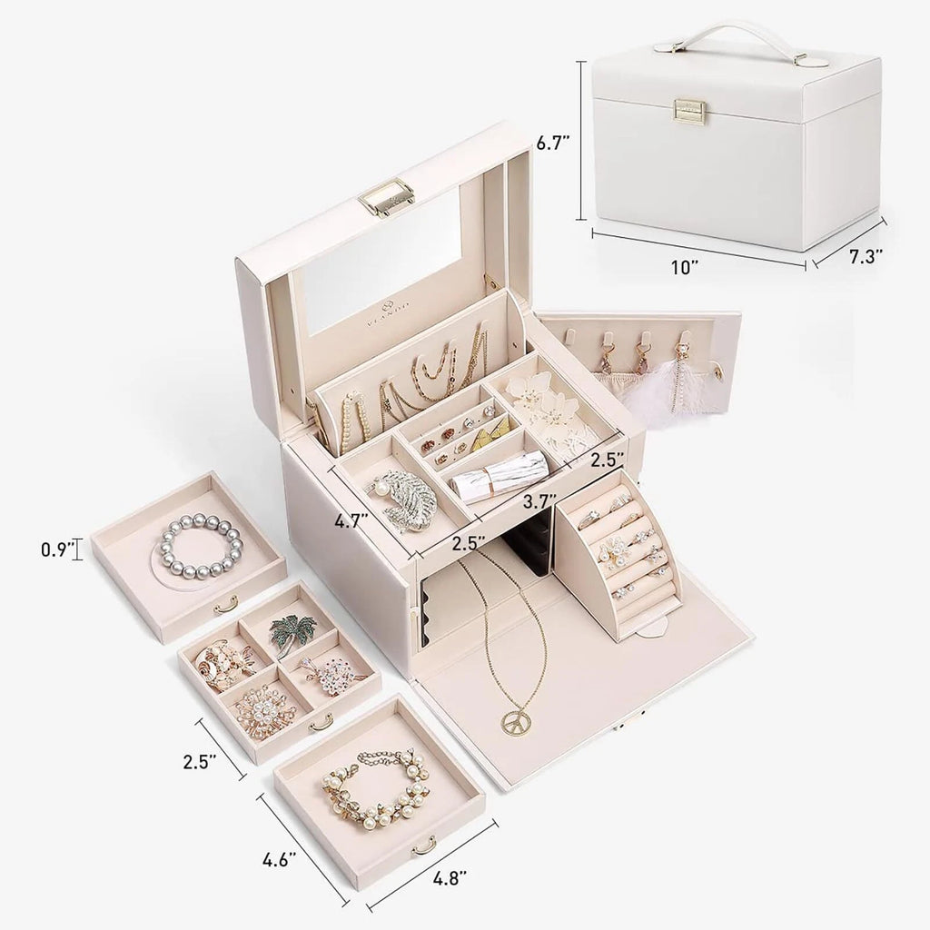 Vlando Mirrored Jewelry Box Organizer Leather Jewelry Storage Case Necklaces ... | eBay