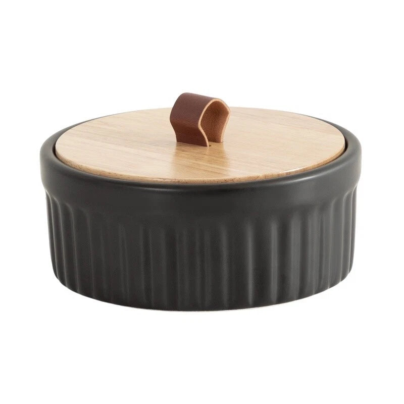 Ribbed Ceramic Storage Box Wooden Lid Faux Leather Handle Jewelry Organizer New | eBay
