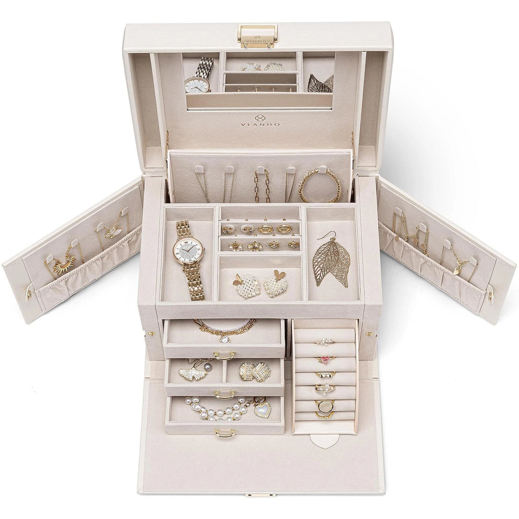 Vlando Mirrored Jewelry Box Organizer Leather Jewelry Storage Case Necklaces ... | eBay