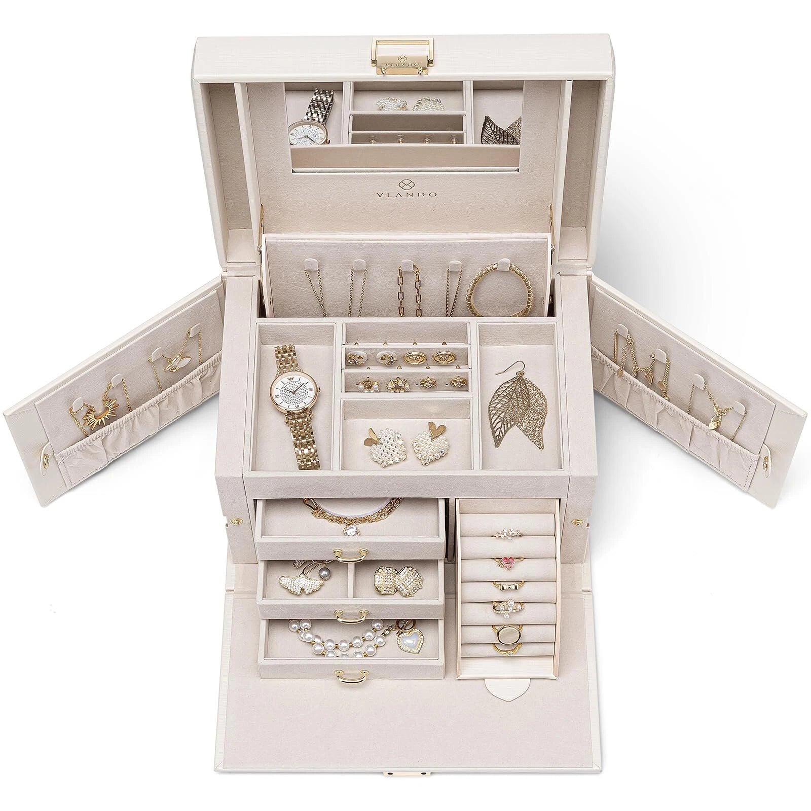 Vlando Mirrored Jewelry Box Organizer Leather Jewelry Storage Case Necklaces ... | eBay