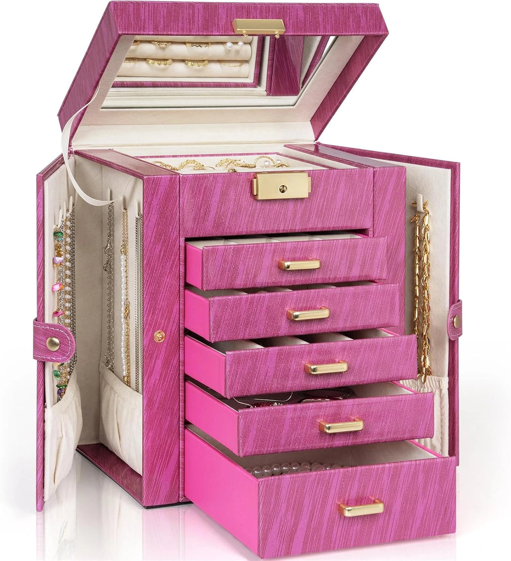 6-Tier Jewelry Box Lockable Leather Jewelry Storage Case with 5 Drawers for Wome | eBay