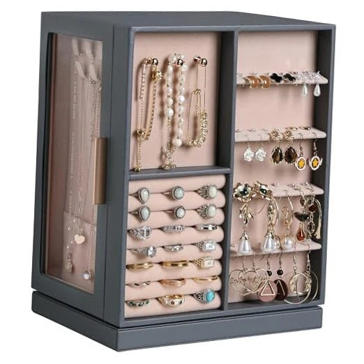 360° Rotating Jewelry Box,PU Leather Jewelry Organizer with 6 Grey | eBay