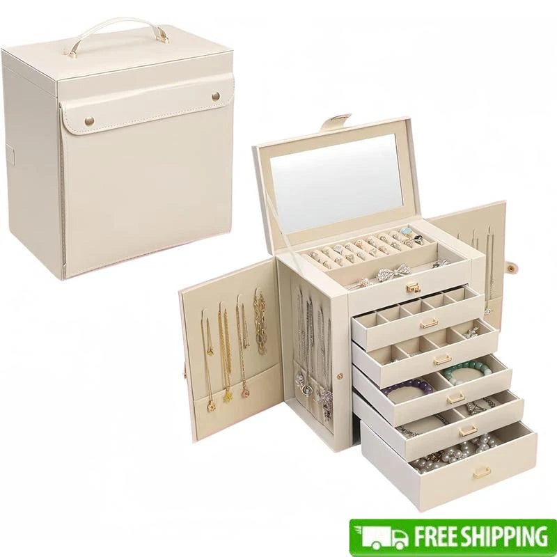 Large Jewelry Box Organizer W/ Mirror 6 Layers 5 Drawers Certificate Slot Women | eBay