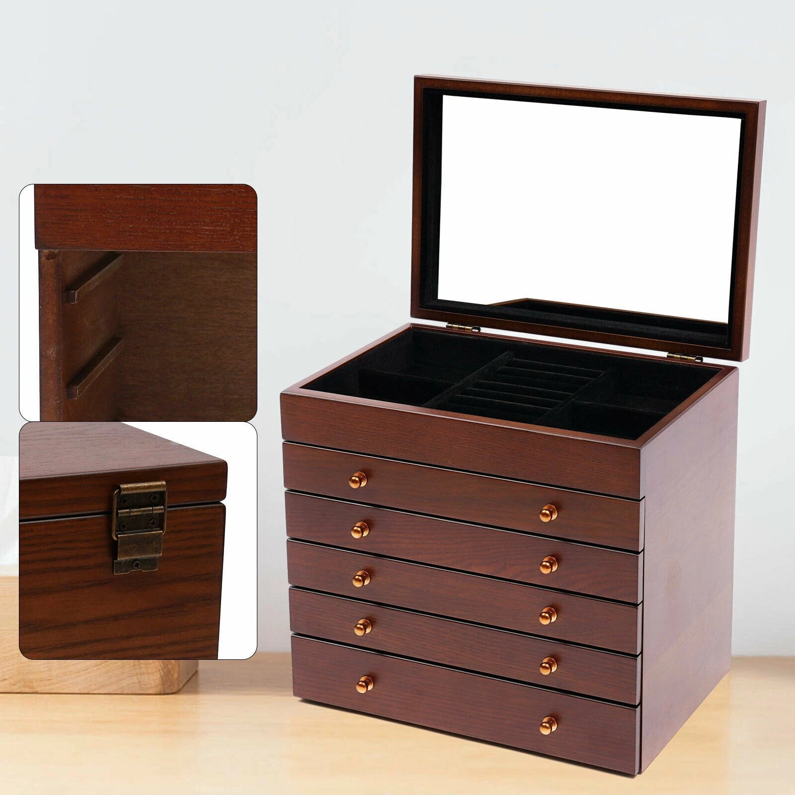 Wooden Jewelry Storage Box 6 Layer Watches Necklace Case Cabinet with Drawers | eBay