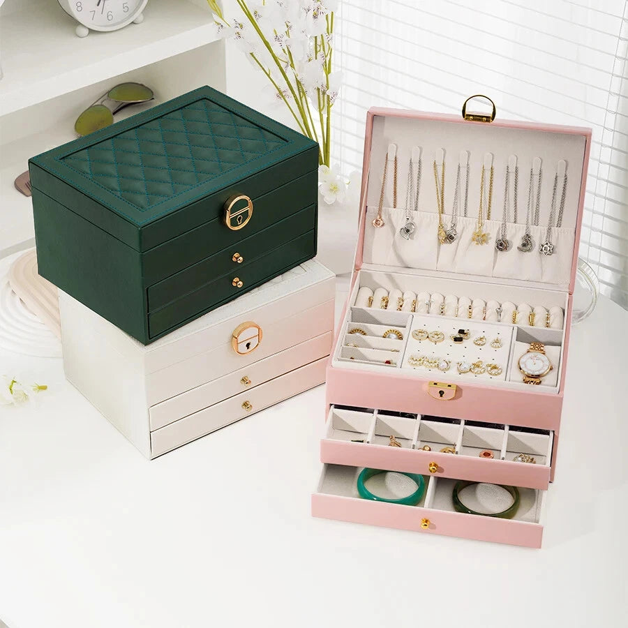 Three-Layer Jewelry Storage Box with Lock Necklace Bracelet Earrings Organizer | eBay