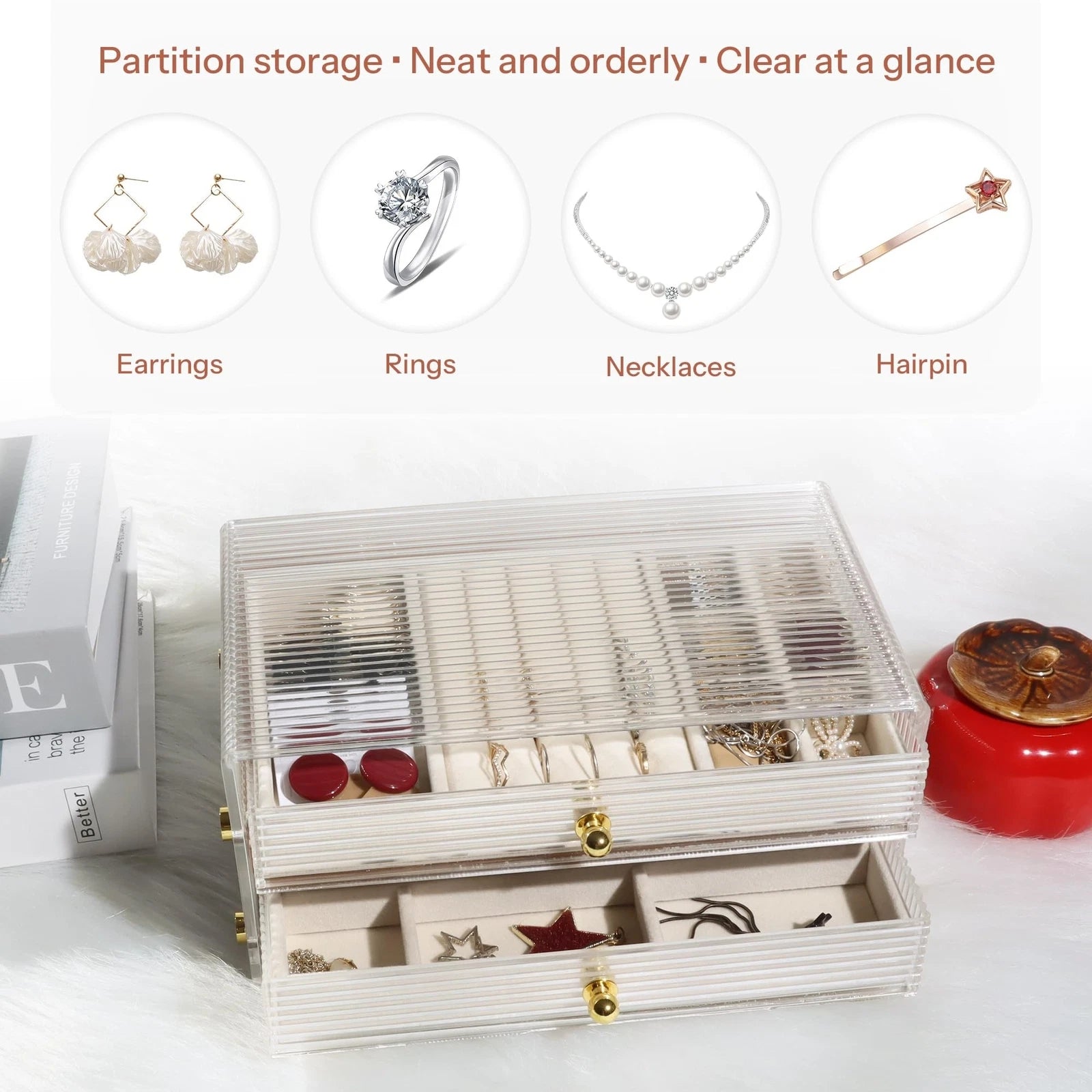 Elegant 2-Layer Walnut Jewelry Box with Acrylic Glass Lid - Solid Wood Jewelr... | eBay