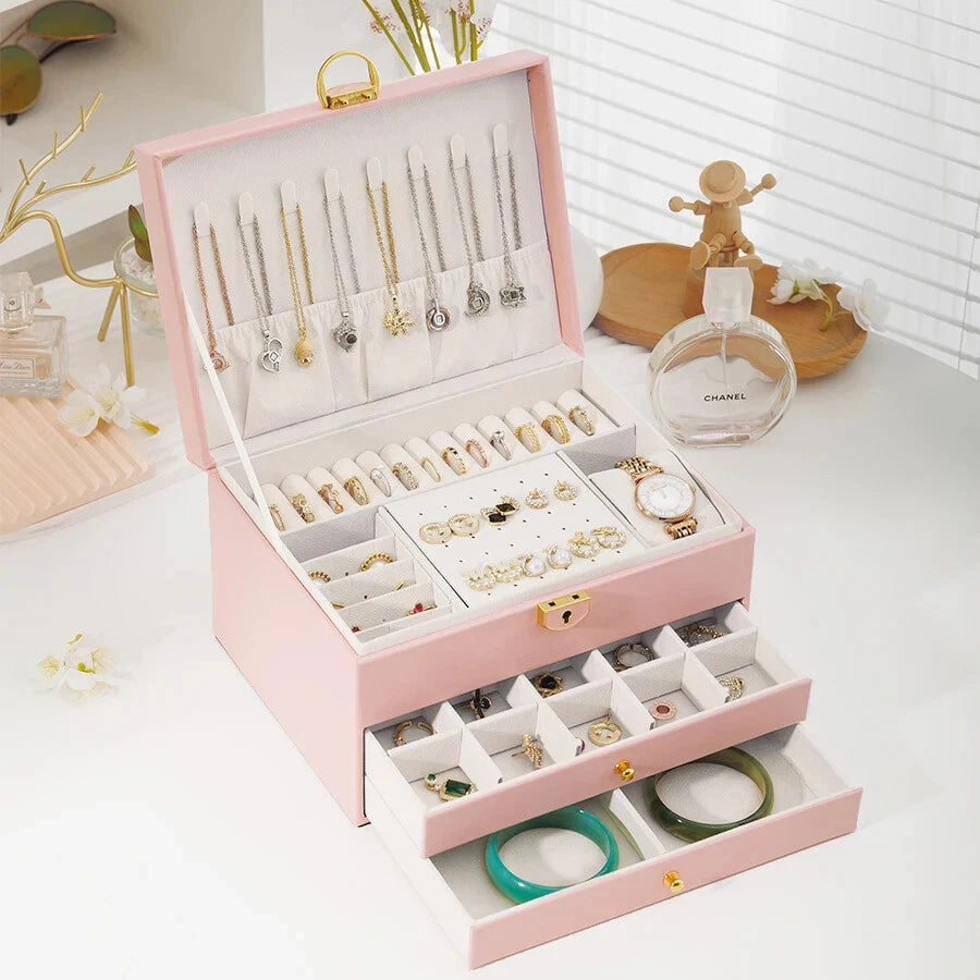 Three-Layer Jewelry Storage Box with Lock Necklace Bracelet Earrings Organizer | eBay