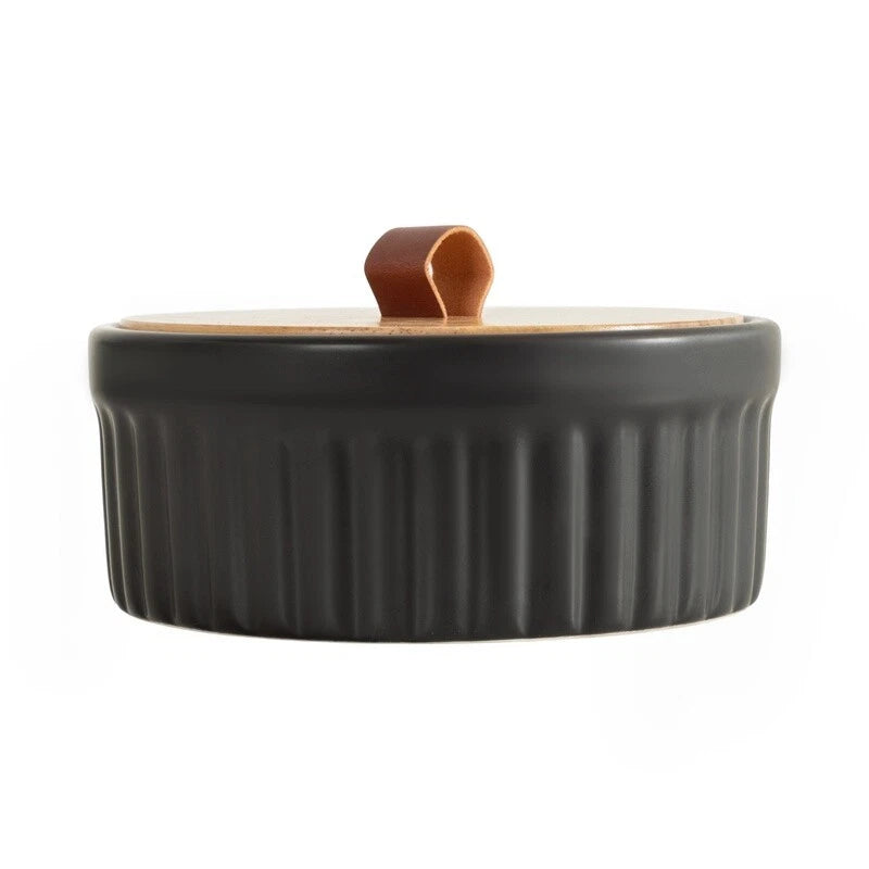 Ribbed Ceramic Storage Box Wooden Lid Faux Leather Handle Jewelry Organizer New | eBay