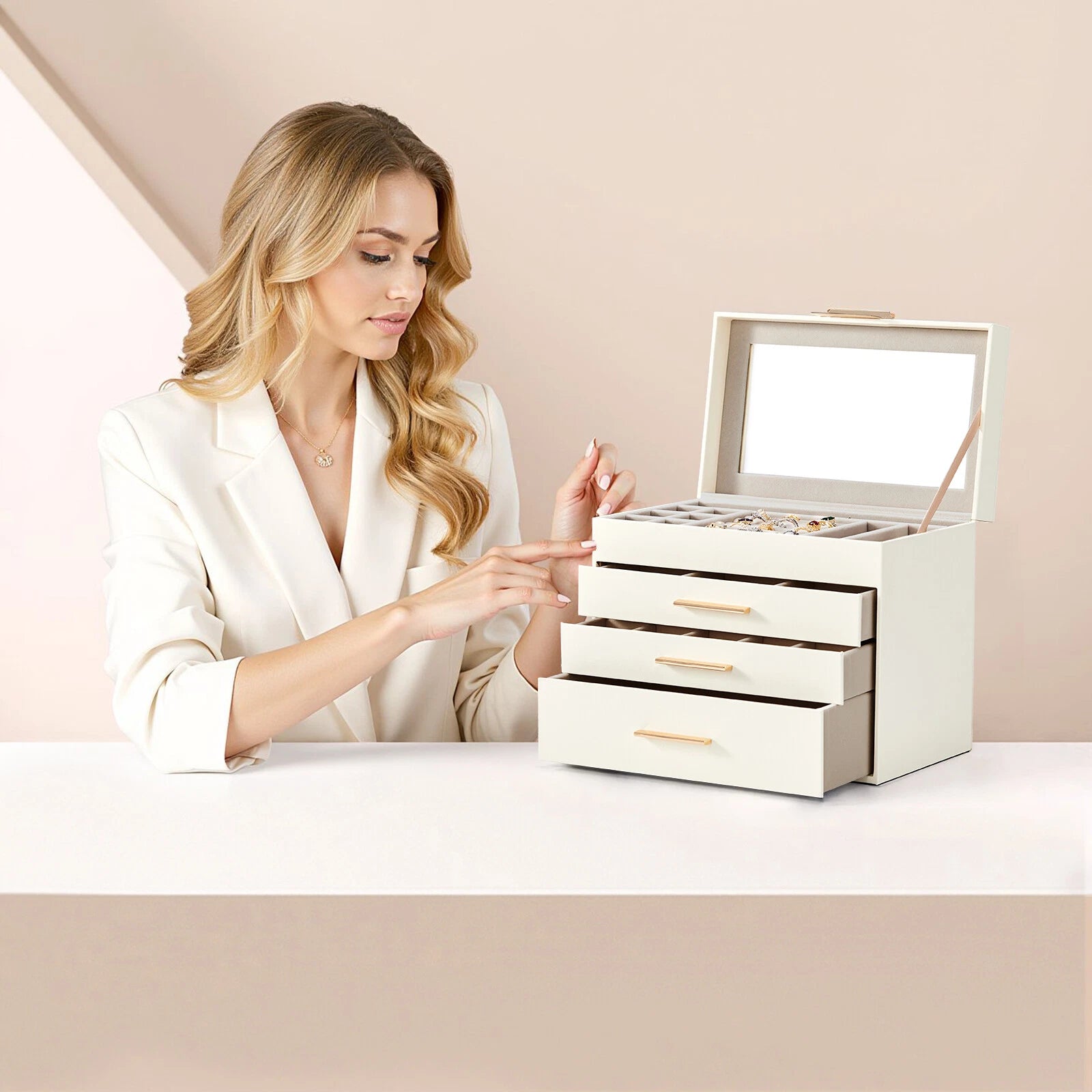 Deluxe 2-Drawer Jewelry Box with Clear Top View – White&Pink Velvet Storage Case | eBay