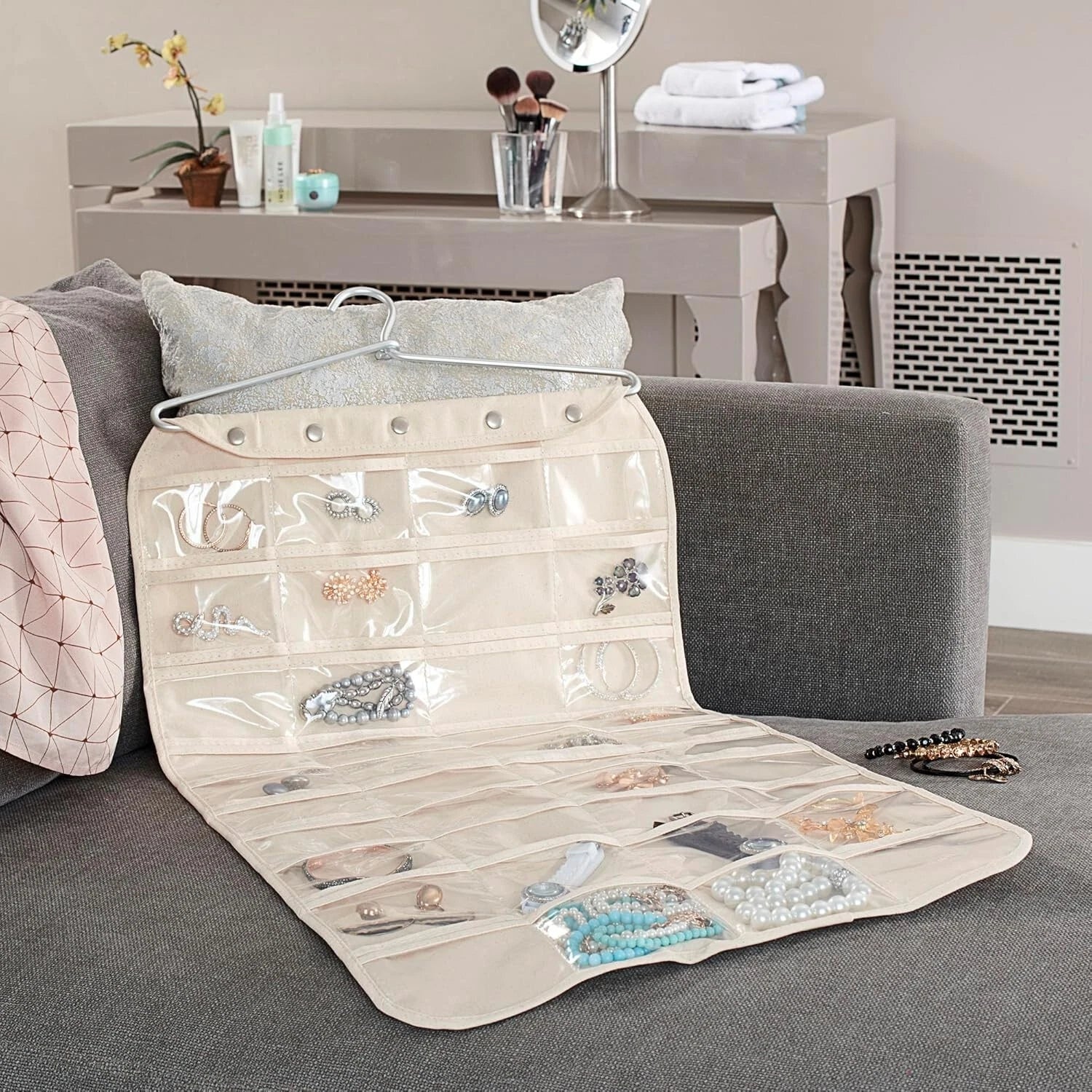 Durable 80-Pocket Jewelry Storage - Elegant Hanging Organizer in Natural Finish | eBay