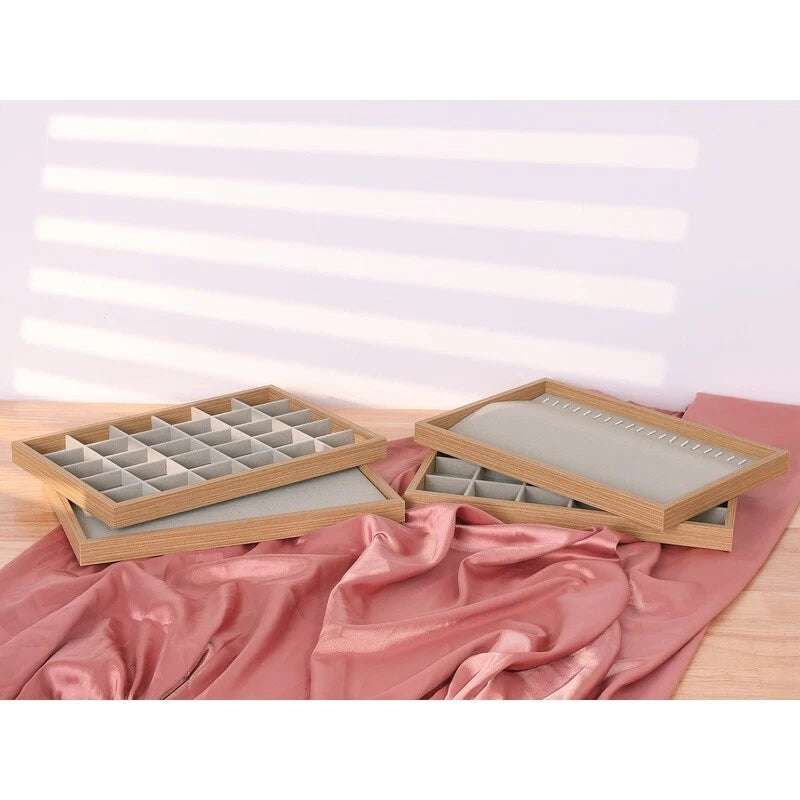 Set of 2 Stackable Wood Jewelry Organizer Trays Velvet Storage Drawers 24 Grids | eBay