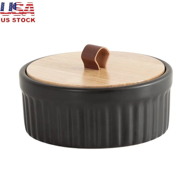 Ribbed Ceramic Storage Box Wooden Lid Faux Leather Handle Jewelry Organizer New | eBay
