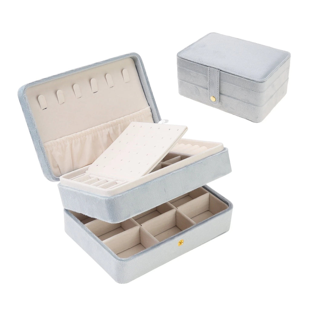 2 Layer Jewelry Box Plush Velvet Jewelry Organizer Case Storage Travel Gray | eBay
