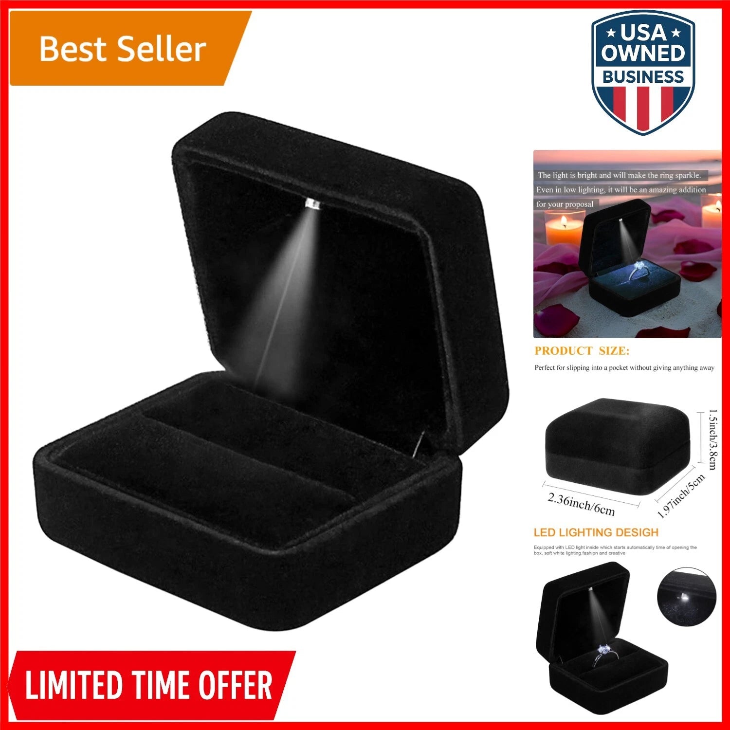 Velvet Ring Box with LED Light Jewelry Display Storage for Wedding Proposal | eBay