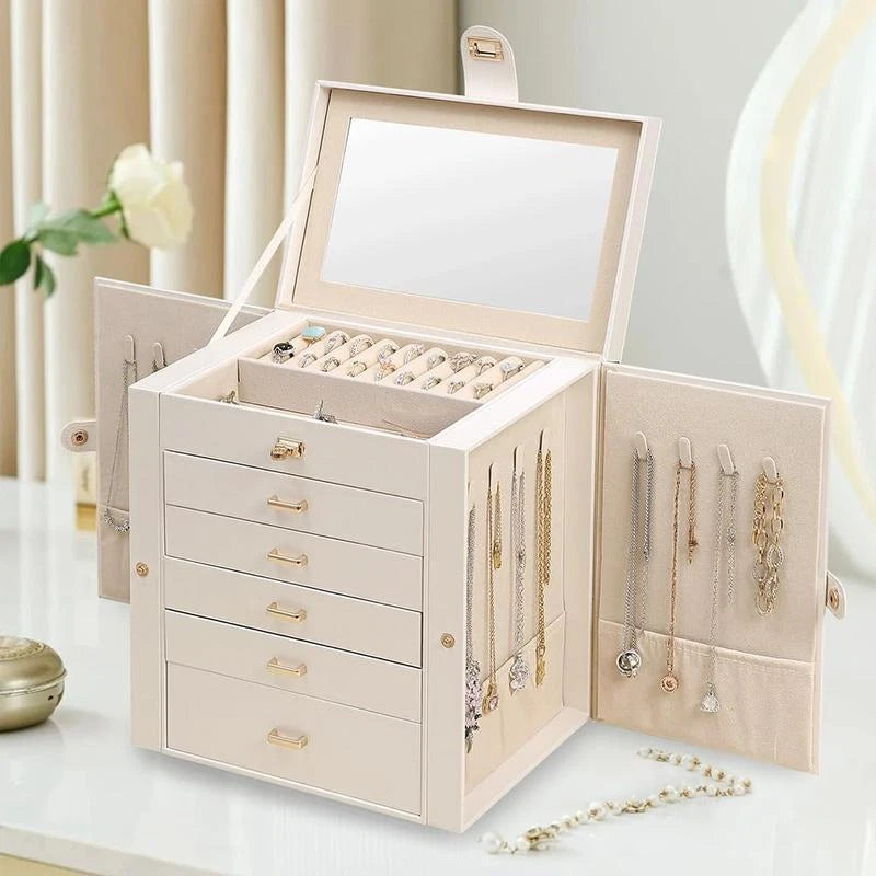 Large Jewelry Box Organizer W/ Mirror 6 Layers 5 Drawers Certificate Slot Women | eBay