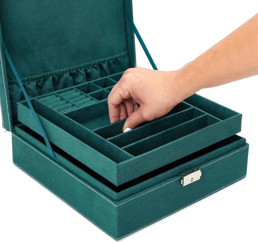 Green Velvet Jewelry Box Organizer - Lockable 2 Tier Travel Case, Removable Tray | eBay