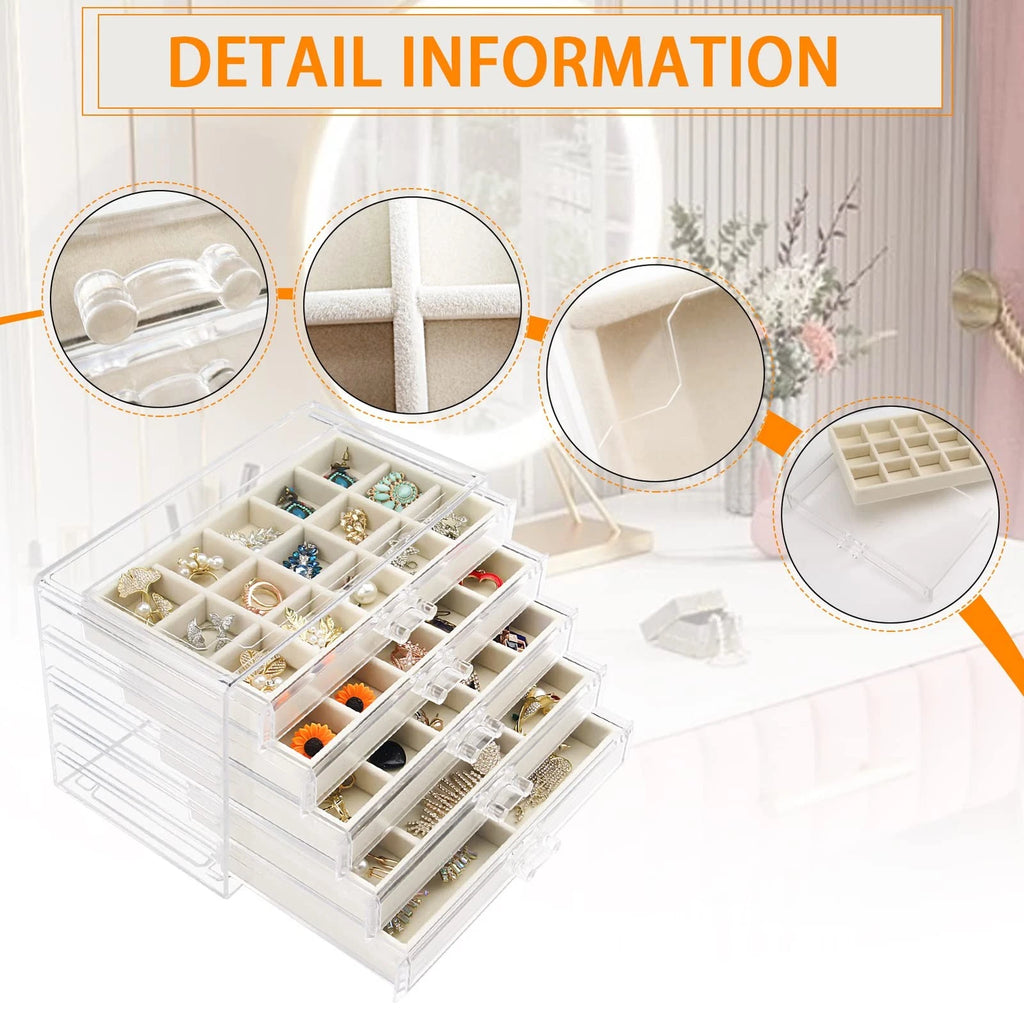 Watpot Acrylic Jewelry Box with 5 Drawers, Clear Earring Storage Organizer | eBay