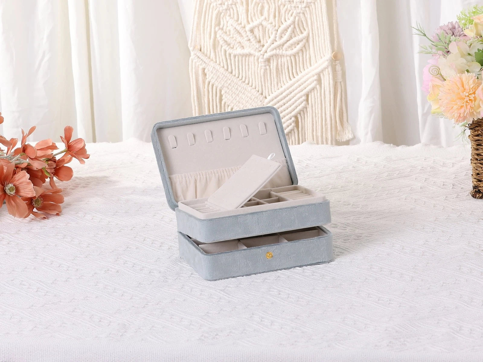 2 Layer Jewelry Box Plush Velvet Jewelry Organizer Case Storage Travel Gray | eBay