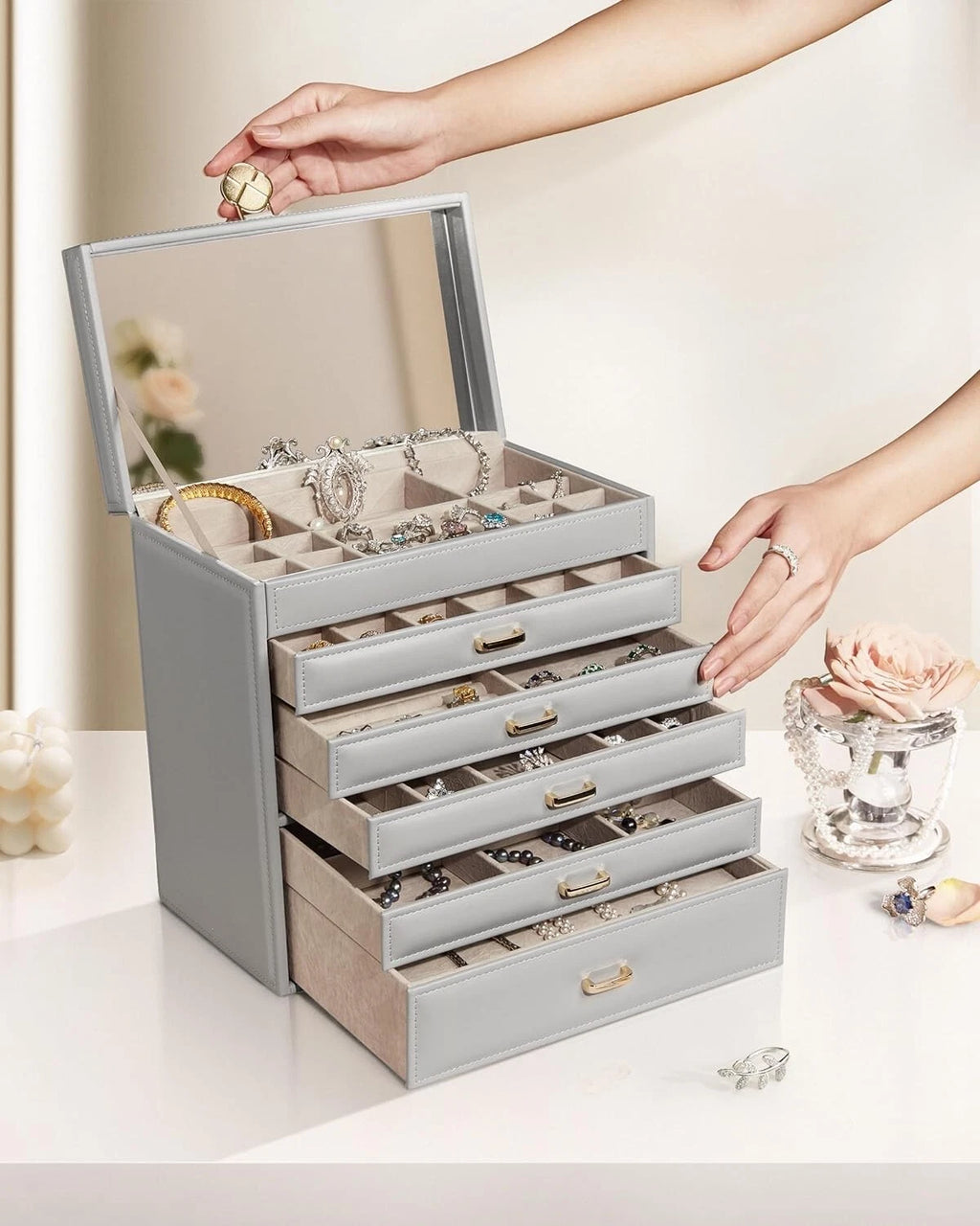 6 Tier Large Jewelry Box for Women - Big Jewelry Organizer Box with Mirror | eBay