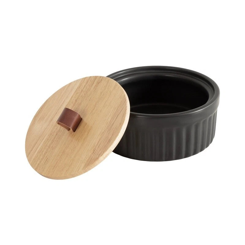 Ribbed Ceramic Storage Box Wooden Lid Faux Leather Handle Jewelry Organizer New | eBay