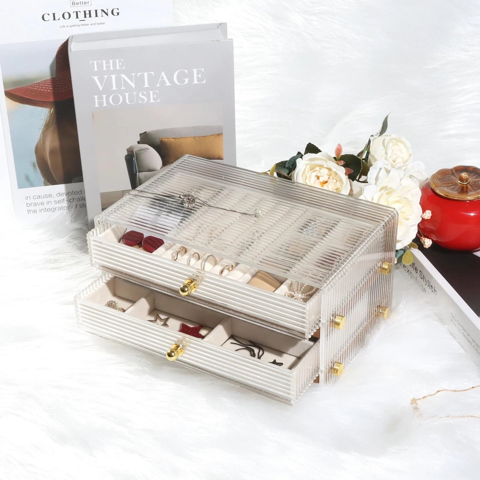 Elegant 2-Layer Walnut Jewelry Box with Acrylic Glass Lid - Solid Wood Jewelr... | eBay