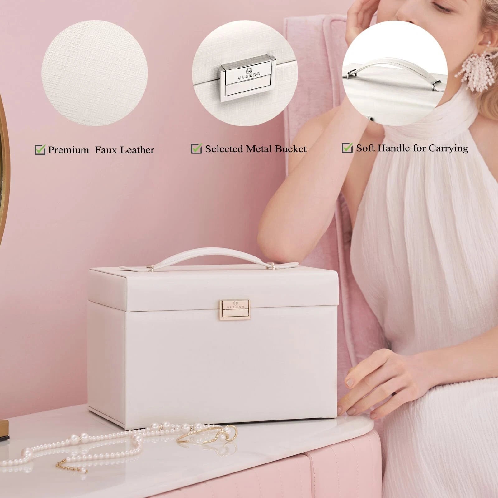 Vlando Mirrored Jewelry Box Organizer Leather Jewelry Storage Case Necklaces ... | eBay