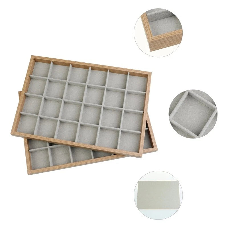 Set of 2 Stackable Wood Jewelry Organizer Trays Velvet Storage Drawers 24 Grids | eBay