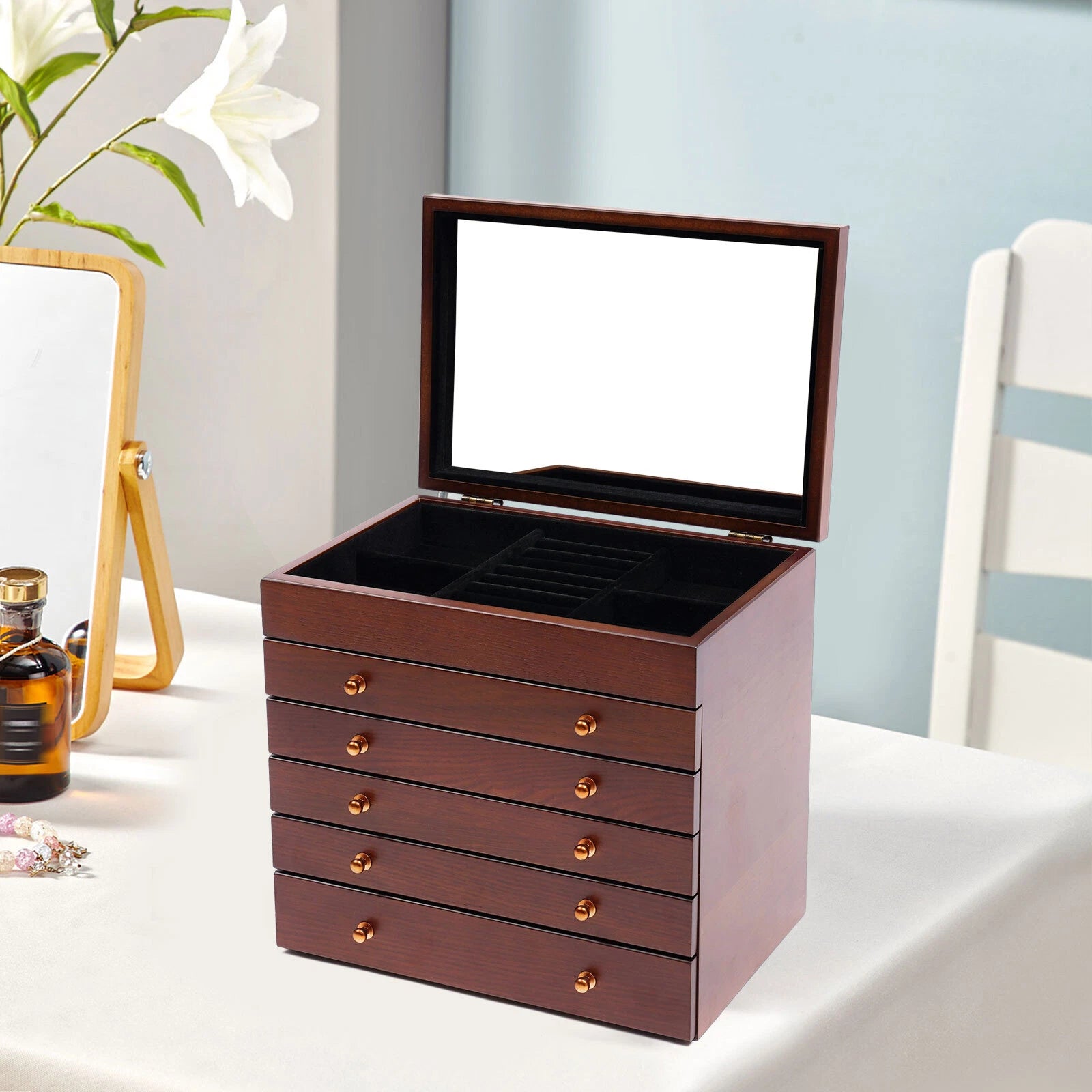 Wooden Jewelry Storage Box 6 Layer Watches Necklace Case Cabinet with Drawers | eBay