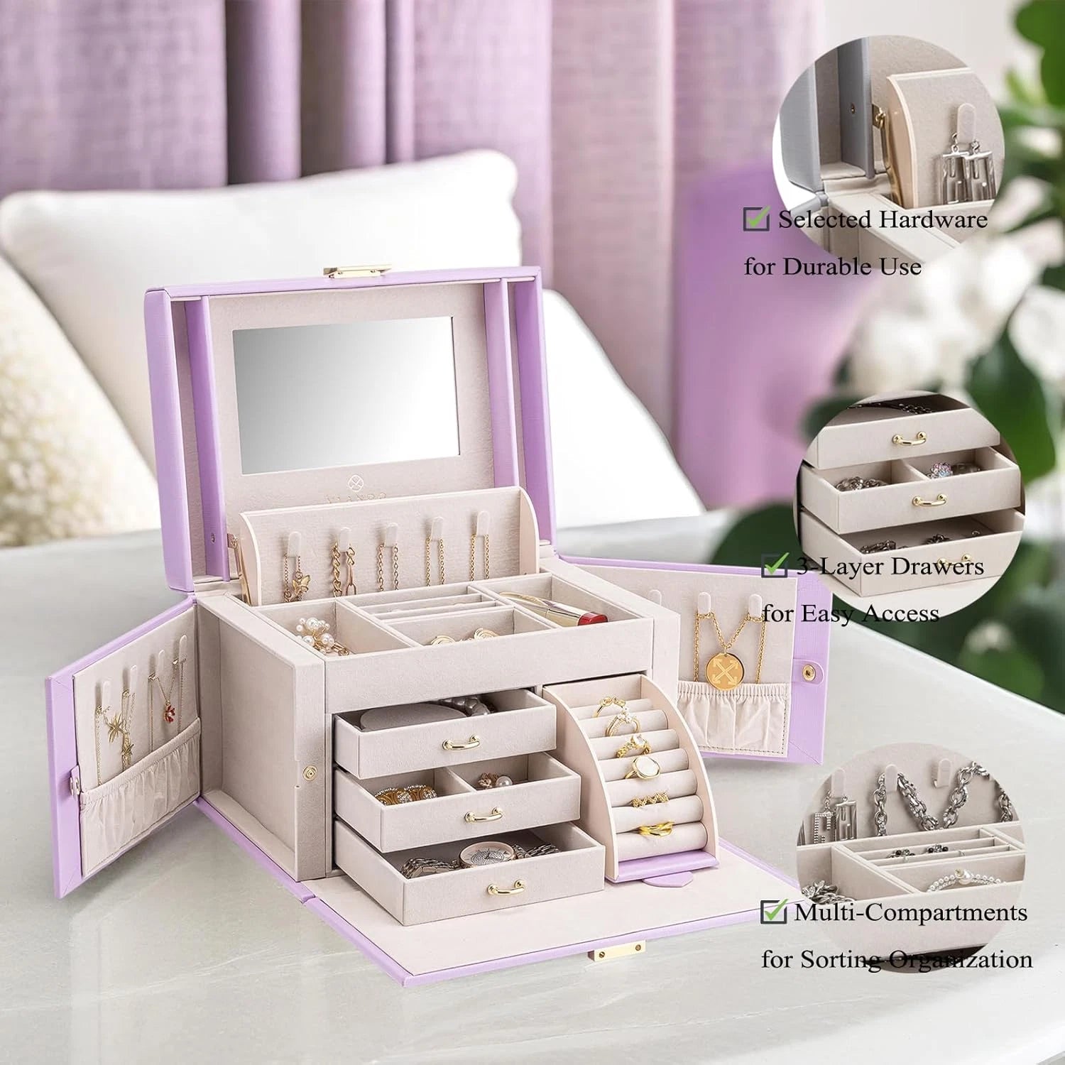 Mirrored Jewelry Box Organizer, Leather Jewelry Storage Case, Necklaces Earrings | eBay