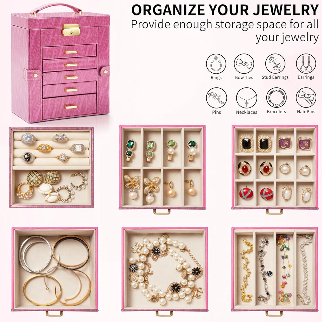 6-Tier Jewelry Box Lockable Leather Jewelry Storage Case with 5 Drawers for Wome | eBay