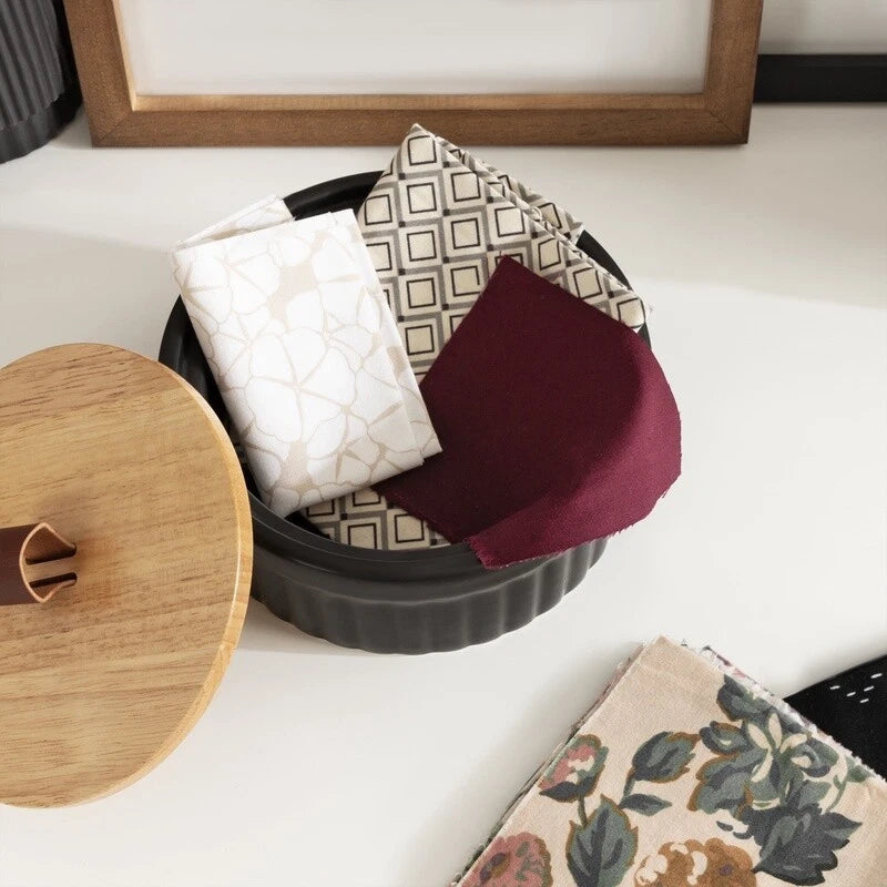 Ribbed Ceramic Storage Box Wooden Lid Faux Leather Handle Jewelry Organizer New | eBay