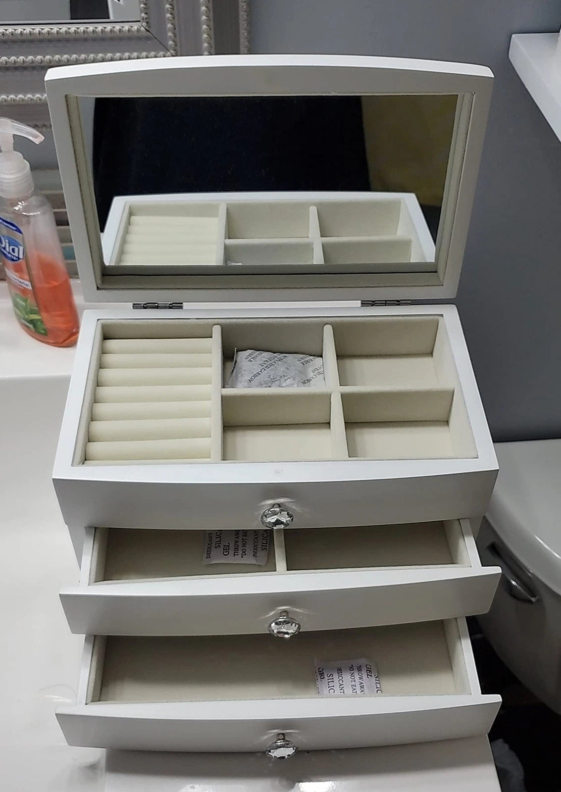 Jewelry Box Wooden Case 3 Layer Organizer with Large Mirror White | eBay