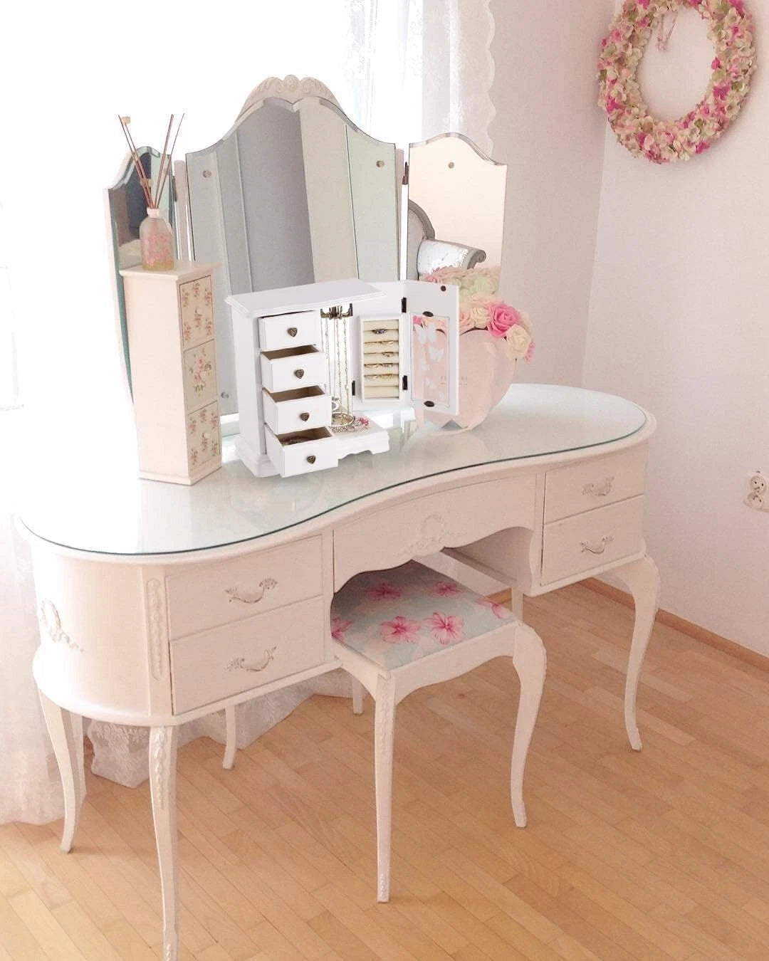 Luxury White Jewelry Organizer with Velvet Lining and Built-in Mirror for Women | eBay