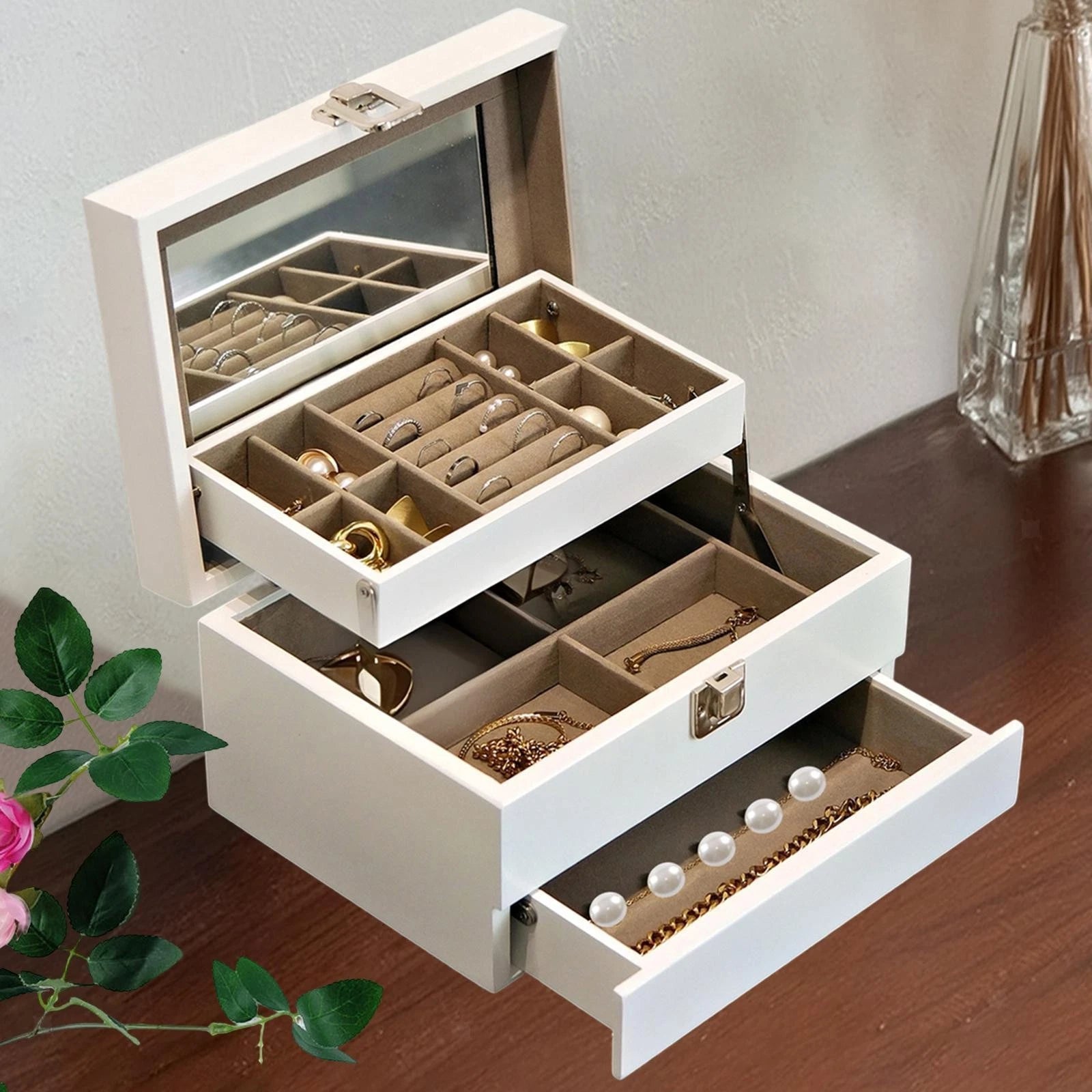 Jewelry Storage Box Wooden Jewelry Organizer for Vanity Table Watches Rings | eBay